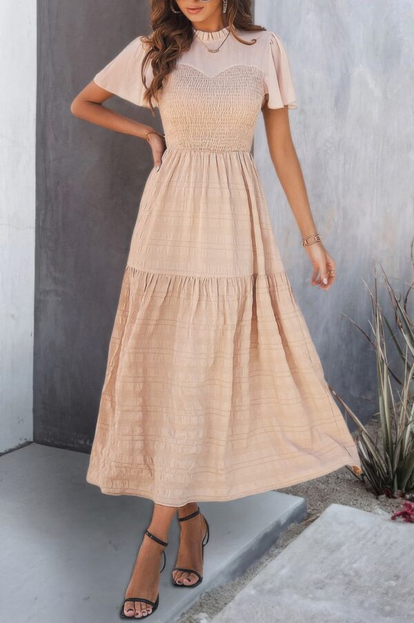 Shirred Crew-Neck Dress with Ruffle Sleeves and Hem