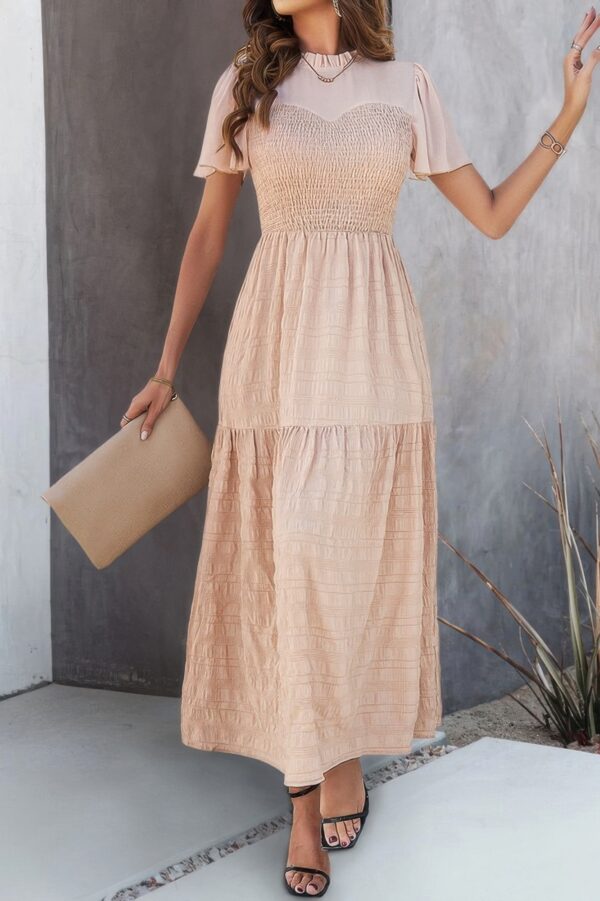 Shirred Crew-Neck Dress with Ruffle Sleeves and Hem