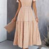 Shirred Crew-Neck Dress with Ruffle Sleeves and Hem