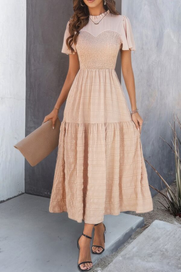 Shirred Crew-Neck Dress with Ruffle Sleeves and Hem
