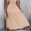 Shirred Crew-Neck Dress with Ruffle Sleeves and Hem