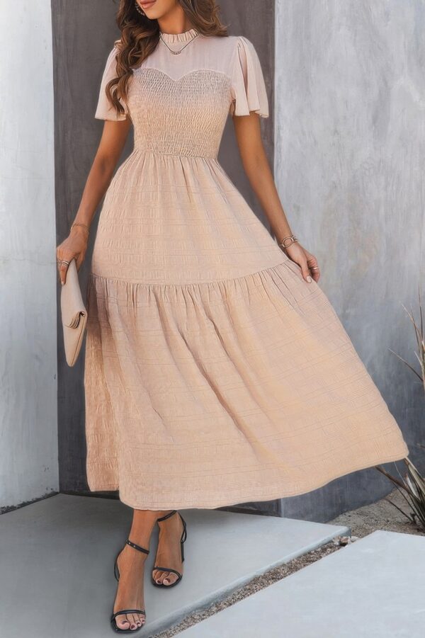 Shirred Crew-Neck Dress with Ruffle Sleeves and Hem