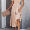 Shirred Crew-Neck Dress with Ruffle Sleeves and Hem