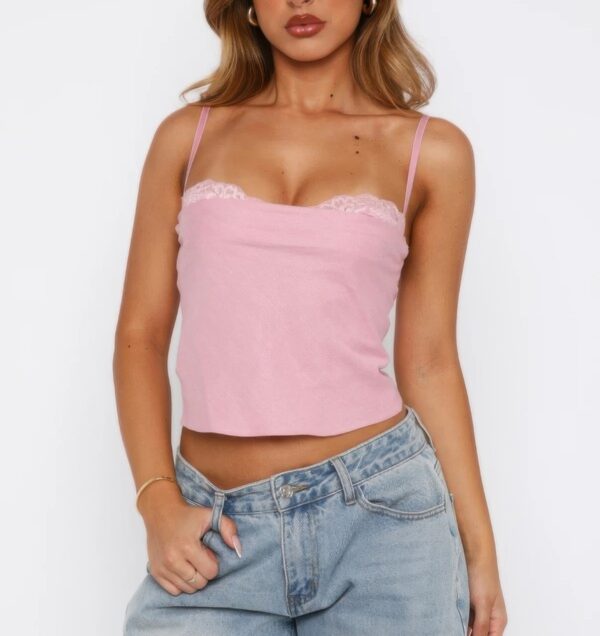 Solid Sleeveless Lace-Trim Top with Back Knot