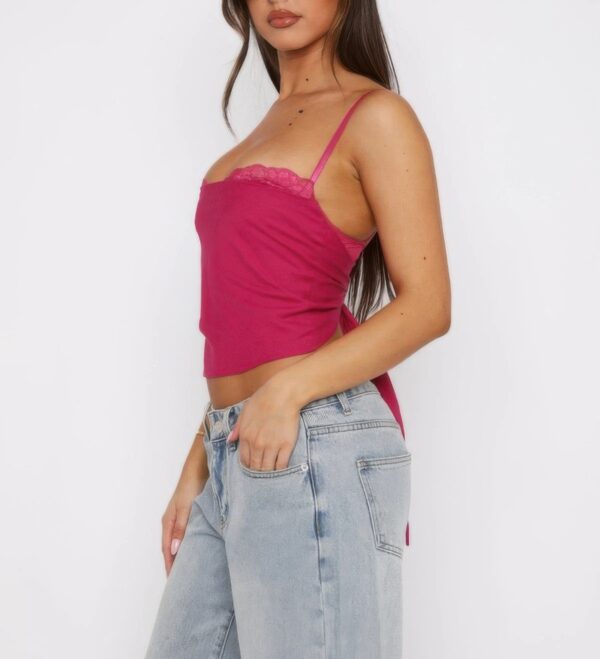 Solid Sleeveless Lace-Trim Top with Back Knot
