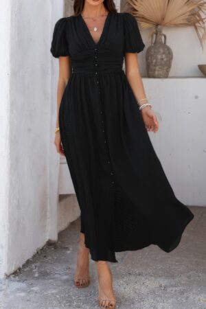V-Neck Knot-Waist Puff Sleeve Dress – Solid