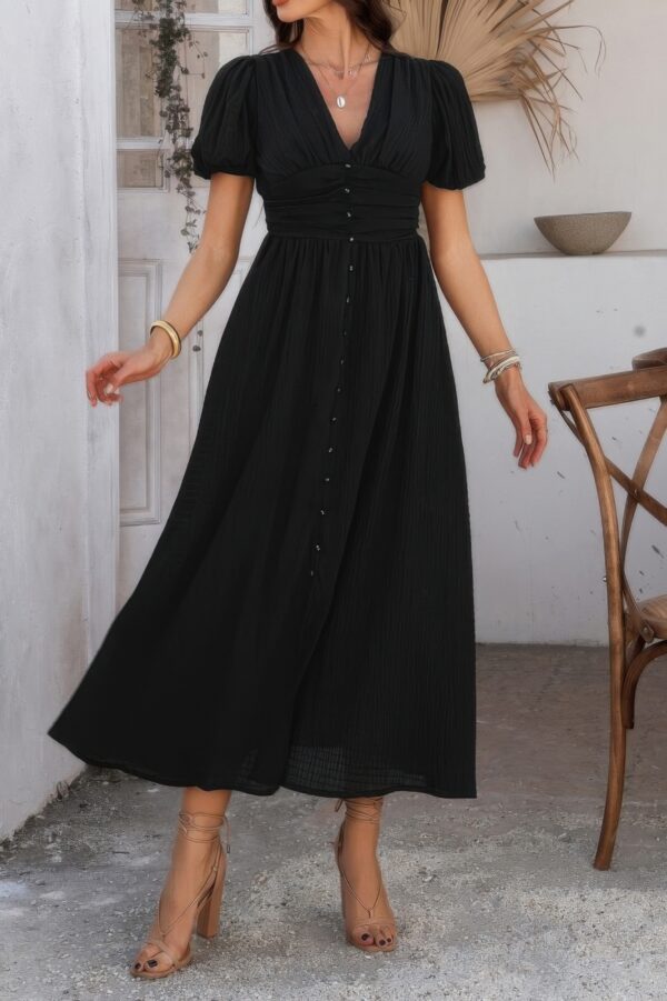 V-Neck Knot-Waist Puff Sleeve Dress – Solid
