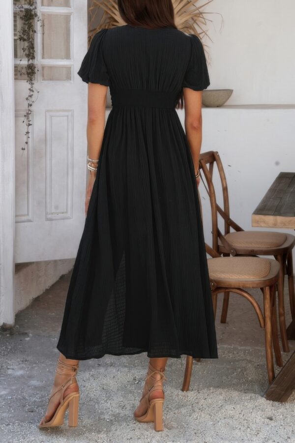 V-Neck Knot-Waist Puff Sleeve Dress – Solid