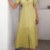V-Neck Knot-Waist Puff Sleeve Dress – Solid