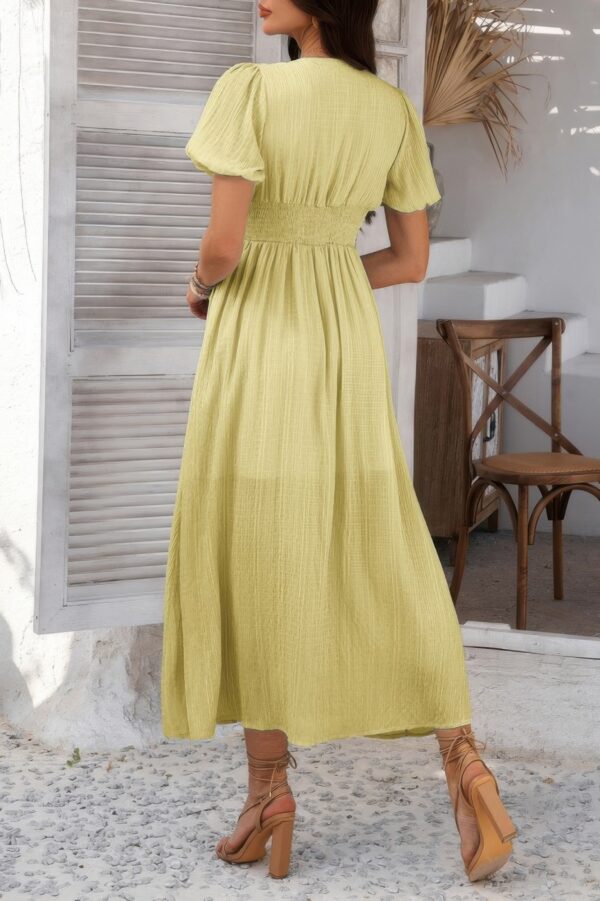 V-Neck Knot-Waist Puff Sleeve Dress – Solid