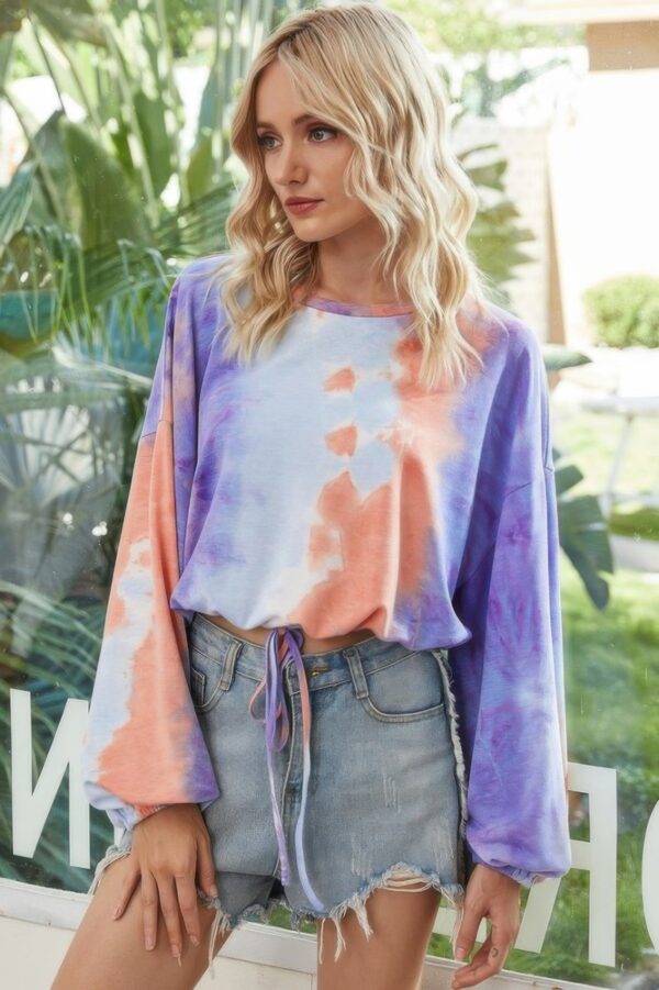Lightweight Tie Dye Balloon Sleeve Top – Round Neck