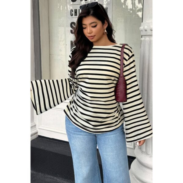 Plus Size Striped Shirt - Wide Long Sleeves