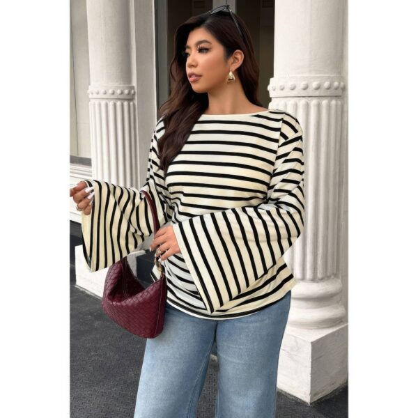 Plus Size Striped Shirt - Wide Long Sleeves