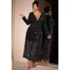 Plus Size V-Neck Sheer Glitter Dress - Long Sleeve