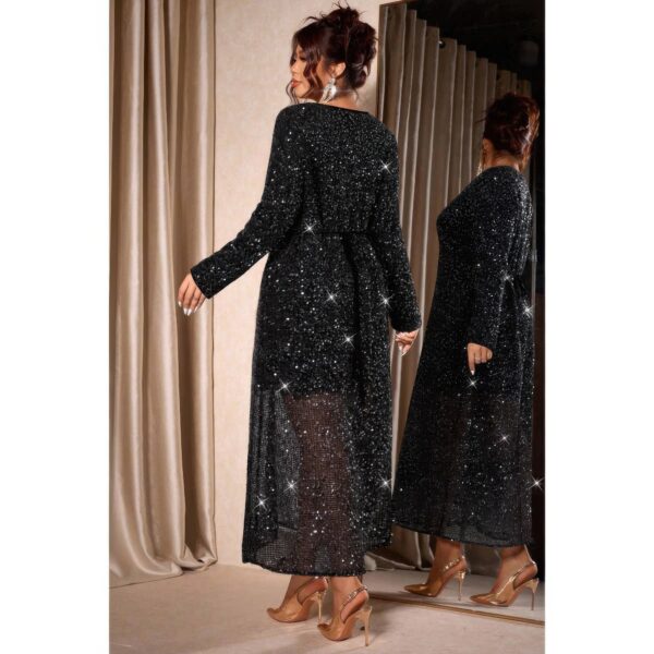 Plus Size V-Neck Sheer Glitter Dress - Long Sleeve