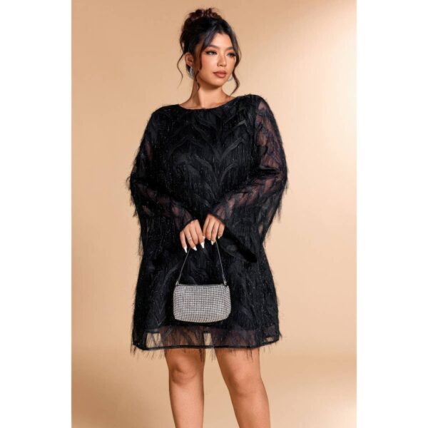 Sequin Lace Short Dress with Fringe - Plus Size