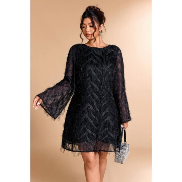 Sequin Lace Short Dress with Fringe - Plus Size