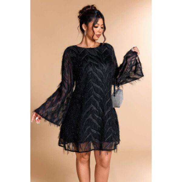 Sequin Lace Short Dress with Fringe - Plus Size