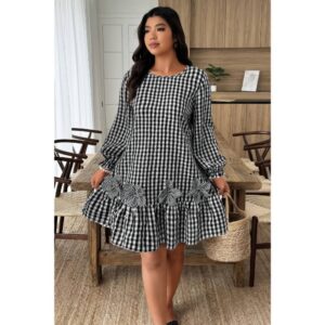 Plus-Size Plaid Round-Neck Dress with Floral Cutouts