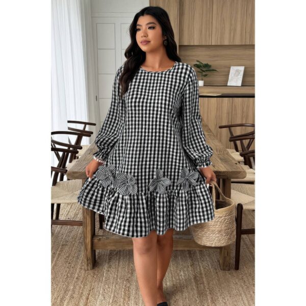 Plus-Size Plaid Round-Neck Dress with Floral Cutouts
