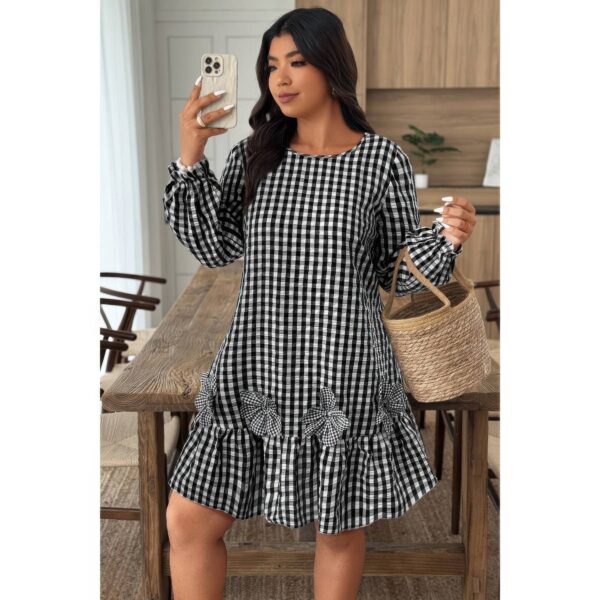 Plus-Size Plaid Round-Neck Dress with Floral Cutouts