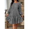 Plus-Size Plaid Round-Neck Dress with Floral Cutouts