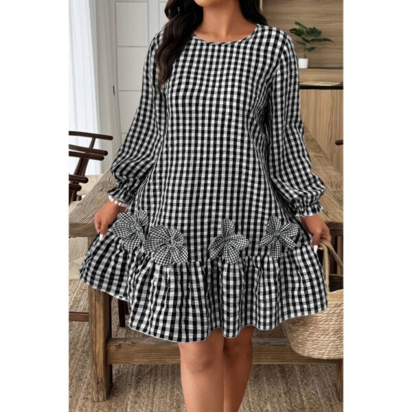 Plus-Size Plaid Round-Neck Dress with Floral Cutouts