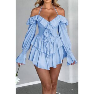 Off-Shoulder Corset Ruffle Halter Mini Dress