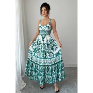 Printed Sleeveless A-Line Suspender Maxi Dress