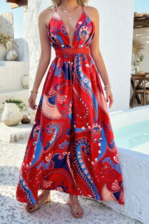 Halter Cross-Back Deep V High-Waist Dress