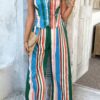 Striped V-Neck Button Two-Piece Wide-Leg Set