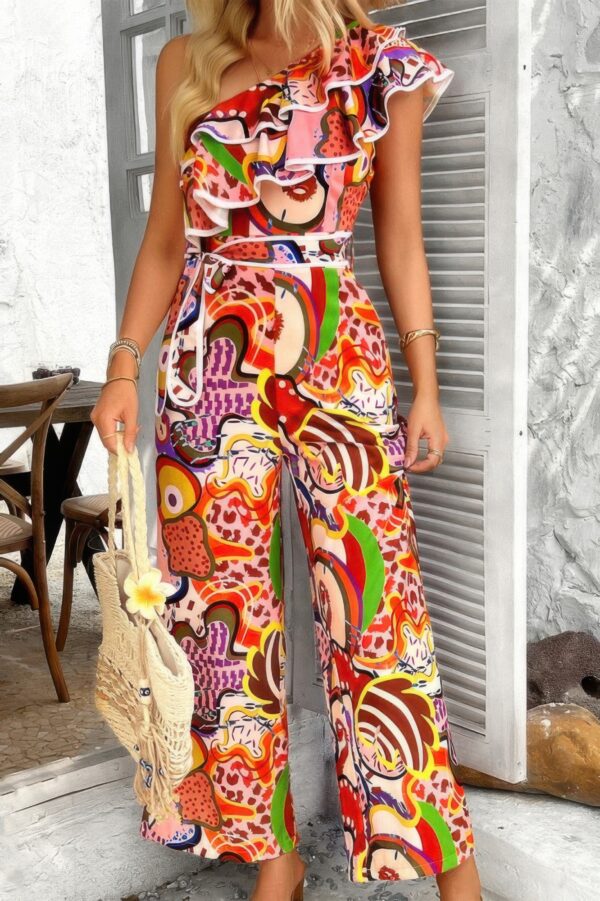 Allover Print One-Shoulder Ruffle Jumpsuit