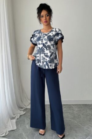 Floral Ruffle-Sleeve Two-Piece Set – Lightweight Polyester