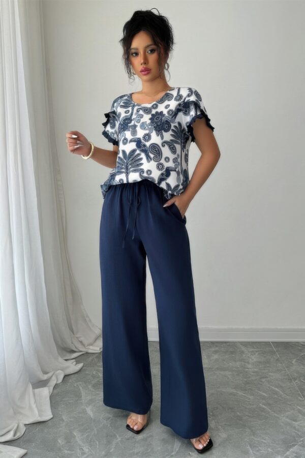 Floral Ruffle-Sleeve Two-Piece Set - Lightweight Polyester