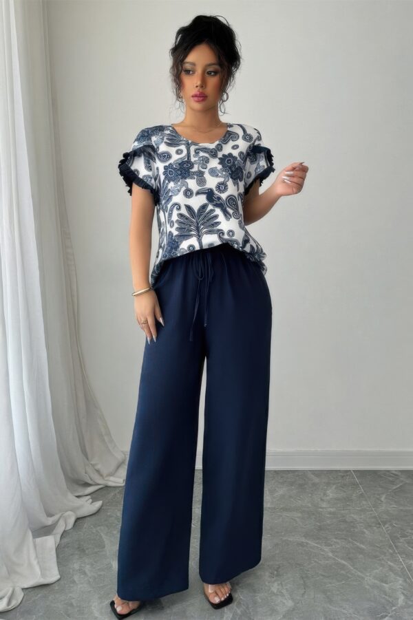 Floral Ruffle-Sleeve Two-Piece Set - Lightweight Polyester