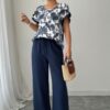 Floral Ruffle-Sleeve Two-Piece Set - Lightweight Polyester