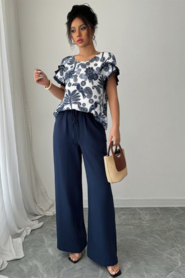 Floral Ruffle-Sleeve Two-Piece Set - Lightweight Polyester