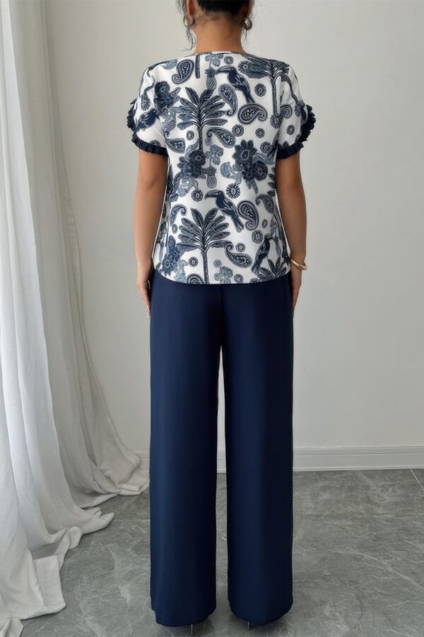Floral Ruffle-Sleeve Two-Piece Set - Lightweight Polyester