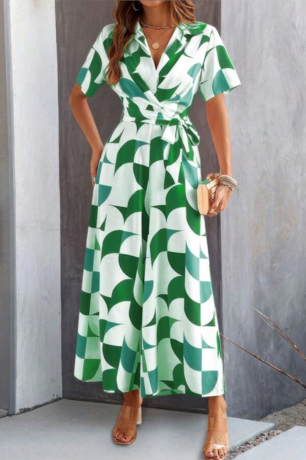 Belted Geometric Print Wide-Leg Jumpsuit