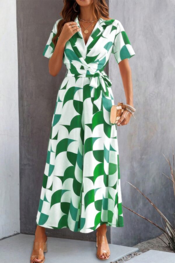 Belted Geometric Print Wide-Leg Jumpsuit