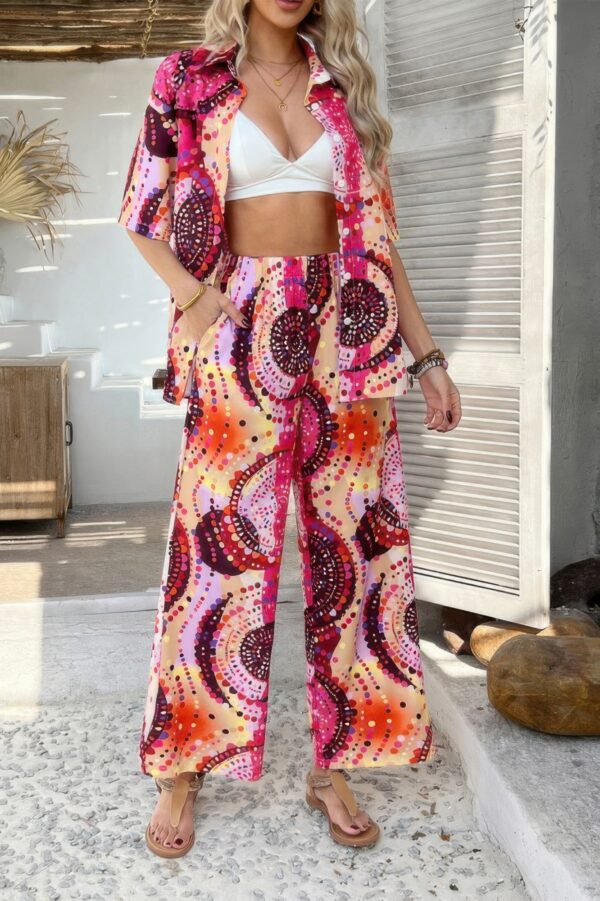 Printed Button-Down Two-Piece Set - Wide-Leg Pants