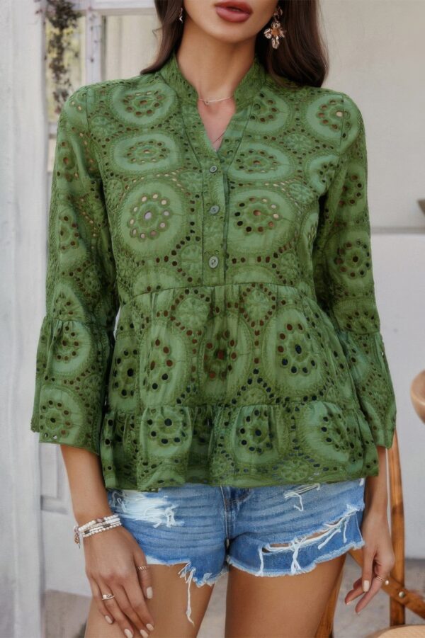 Half-Button Flounce Sleeve Peplum Blouse