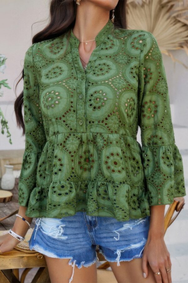 Half-Button Flounce Sleeve Peplum Blouse
