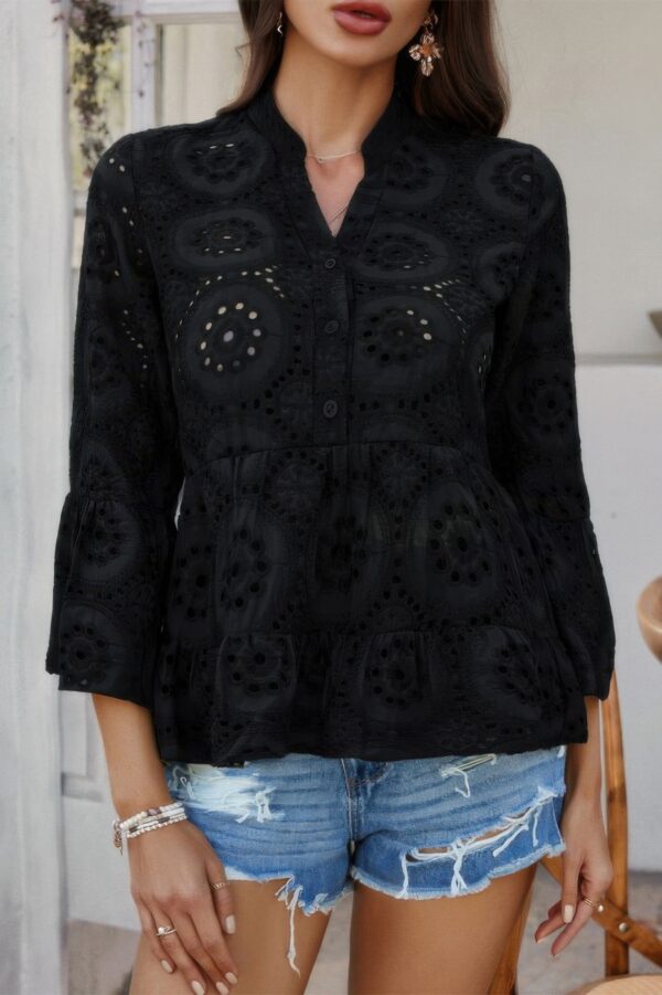 Half-Button Flounce Sleeve Peplum Blouse