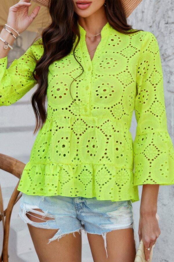Half-Button Flounce Sleeve Peplum Blouse