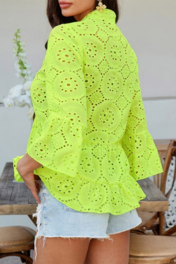 Half-Button Flounce Sleeve Peplum Blouse