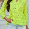Half-Button Flounce Sleeve Peplum Blouse