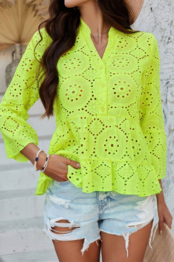 Half-Button Flounce Sleeve Peplum Blouse