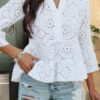 Half-Button Flounce Sleeve Peplum Blouse