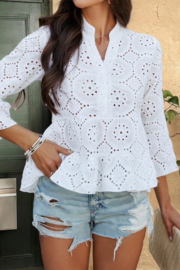 Half-Button Flounce Sleeve Peplum Blouse